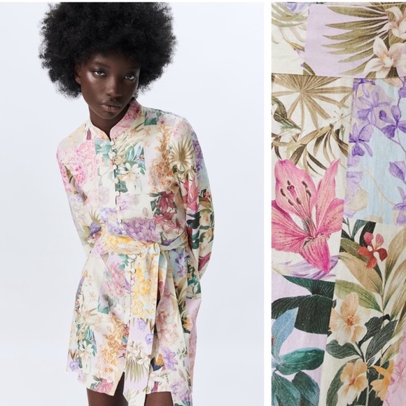 NWT. Zara Linen Blend Floral Print Mini Dress. Size M. - Picture 3 of 9